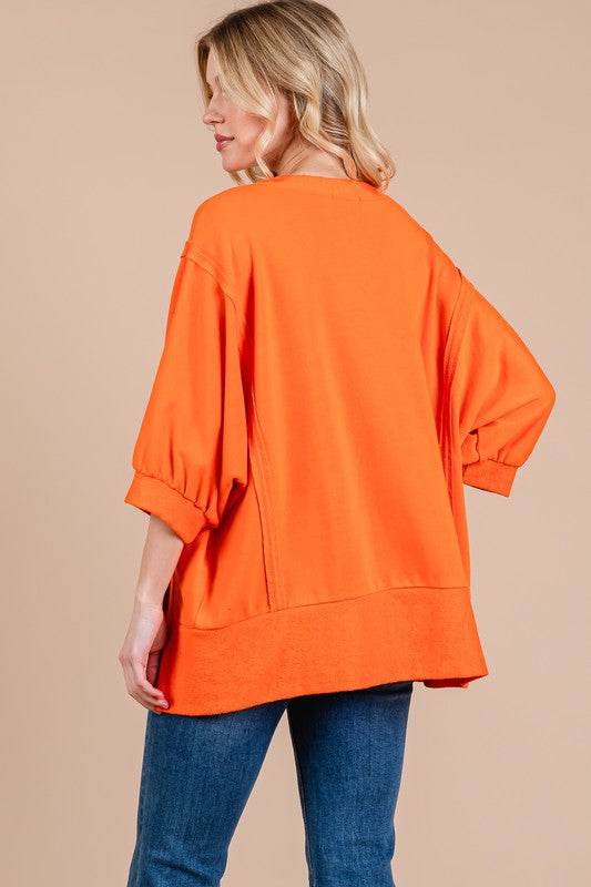 Ces Femme Side Slit Drop Shoulder Puff Sleeve Sweatshirt - Hovatok