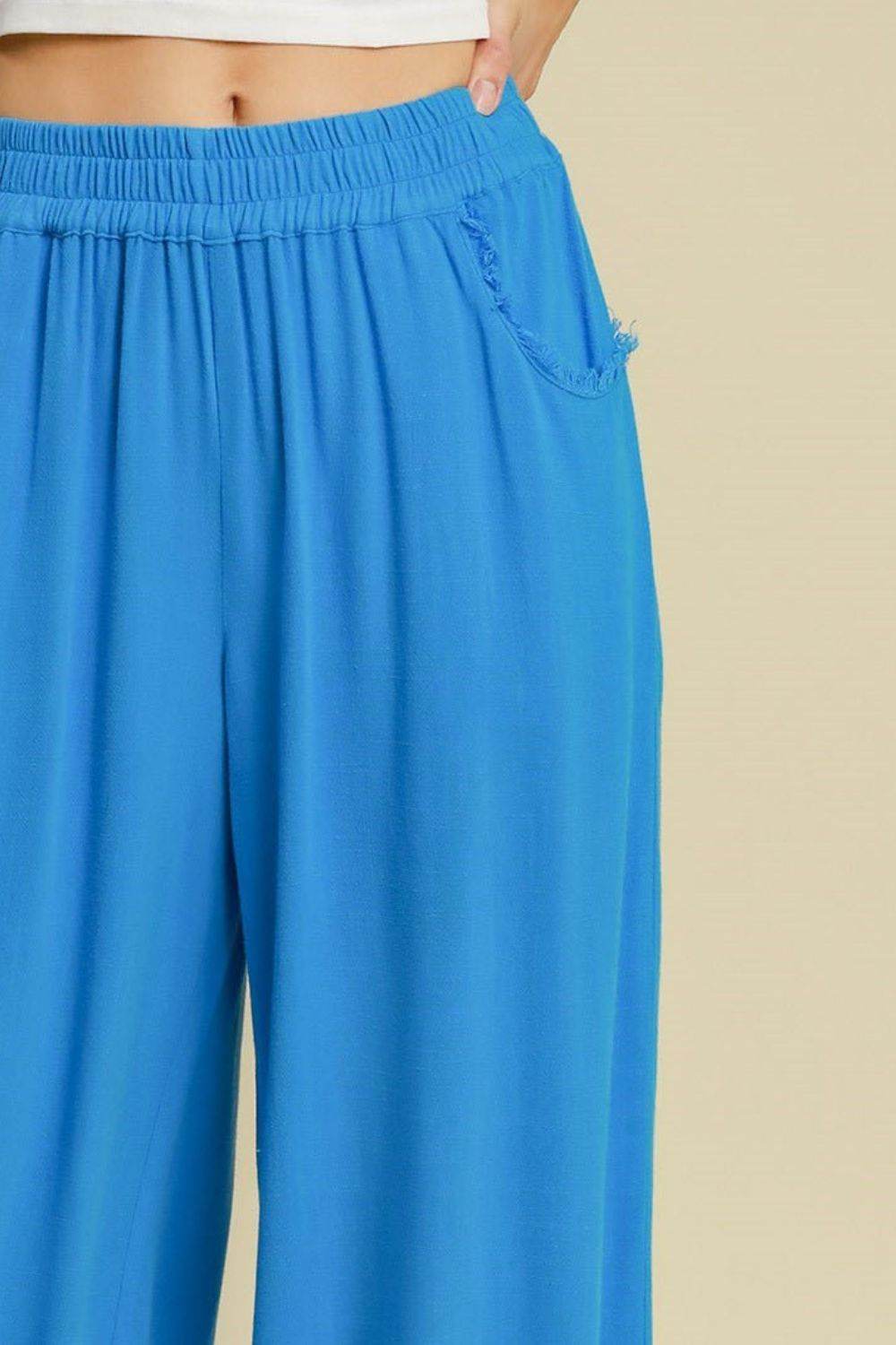 Umgee Full Size Linen Blend Elastic Waistband Wide Leg Pants Plus Size - Hovatok