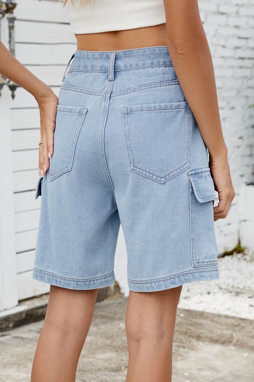 High Rise Denim Shorts with Cargo Pockets - Hovatok