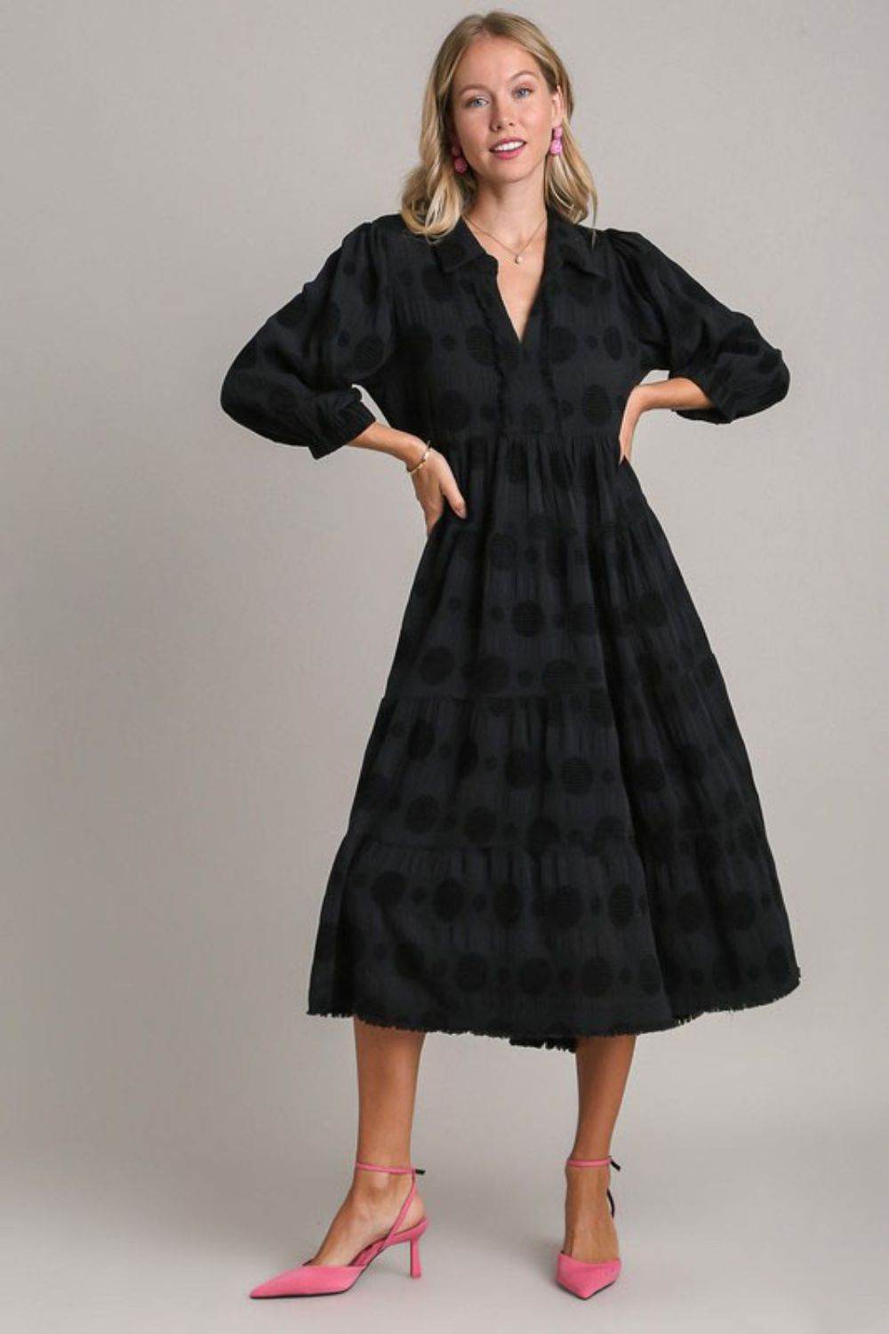 Umgee Full Size Solid Dotted Jacquard Midi Dress Plus Size - Hovatok
