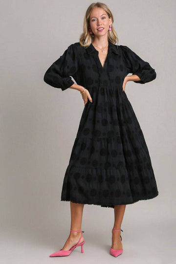 Umgee Full Size Solid Dotted Jacquard Midi Dress Plus Size - Hovatok