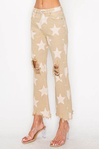 RISEN Full Size High Rise Star Printed Frayed Hem Jeans - Hovatok