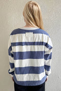 Oh Pima Cotton Wash Exposed Seam Contrast Striped Round Neck Long Sleeve T-Shirt - Hovatok