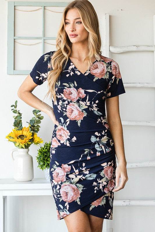 Heimish Full Size Ruched Floral Mini Dress Plus Size - Hovatok