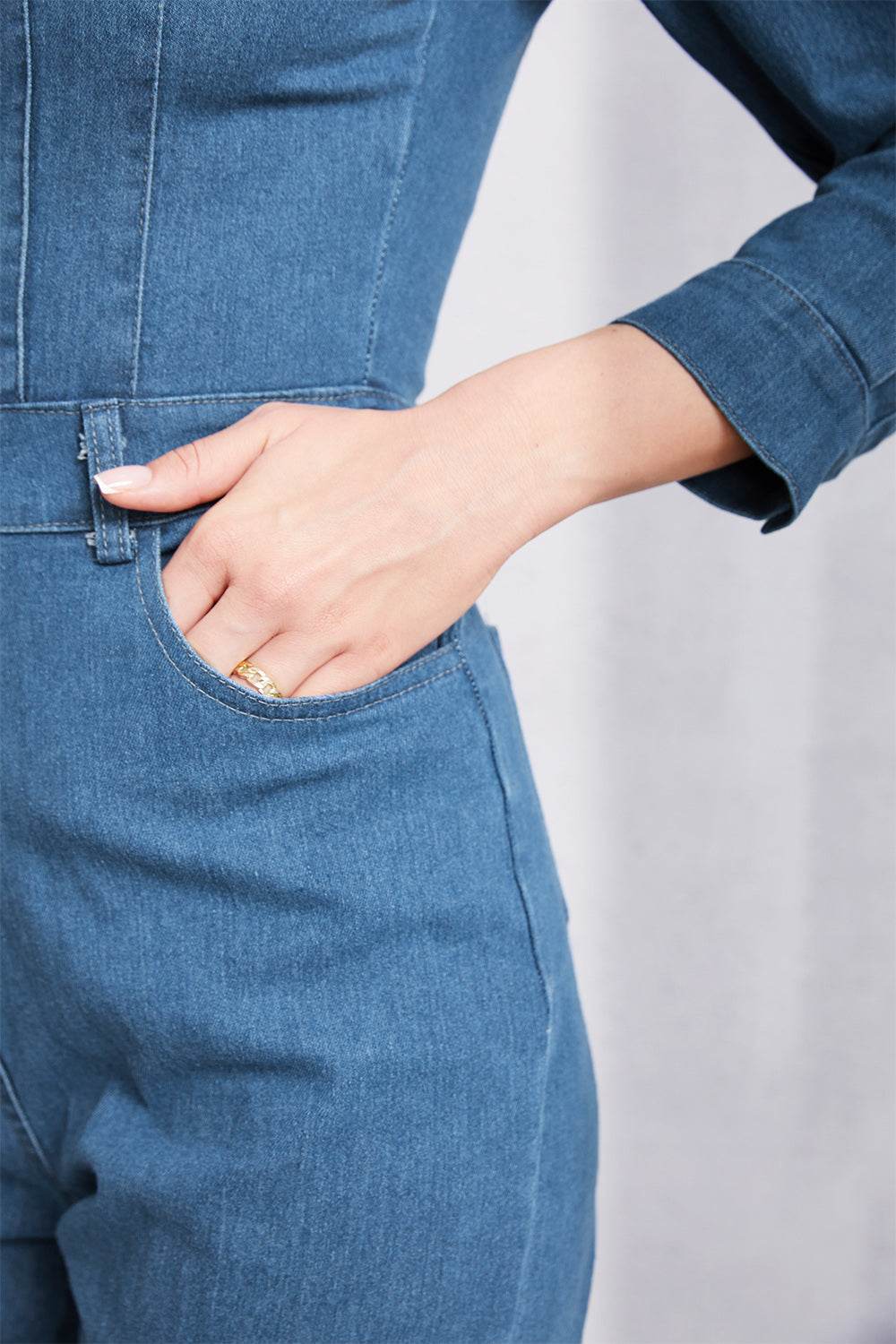 Snap Down Denim Jumpsuit with Pockets - Hovatok