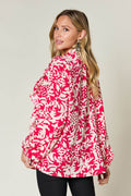 Double Take Full Size Printed Ruffle Trim Balloon Sleeve Shirt - Hovatok