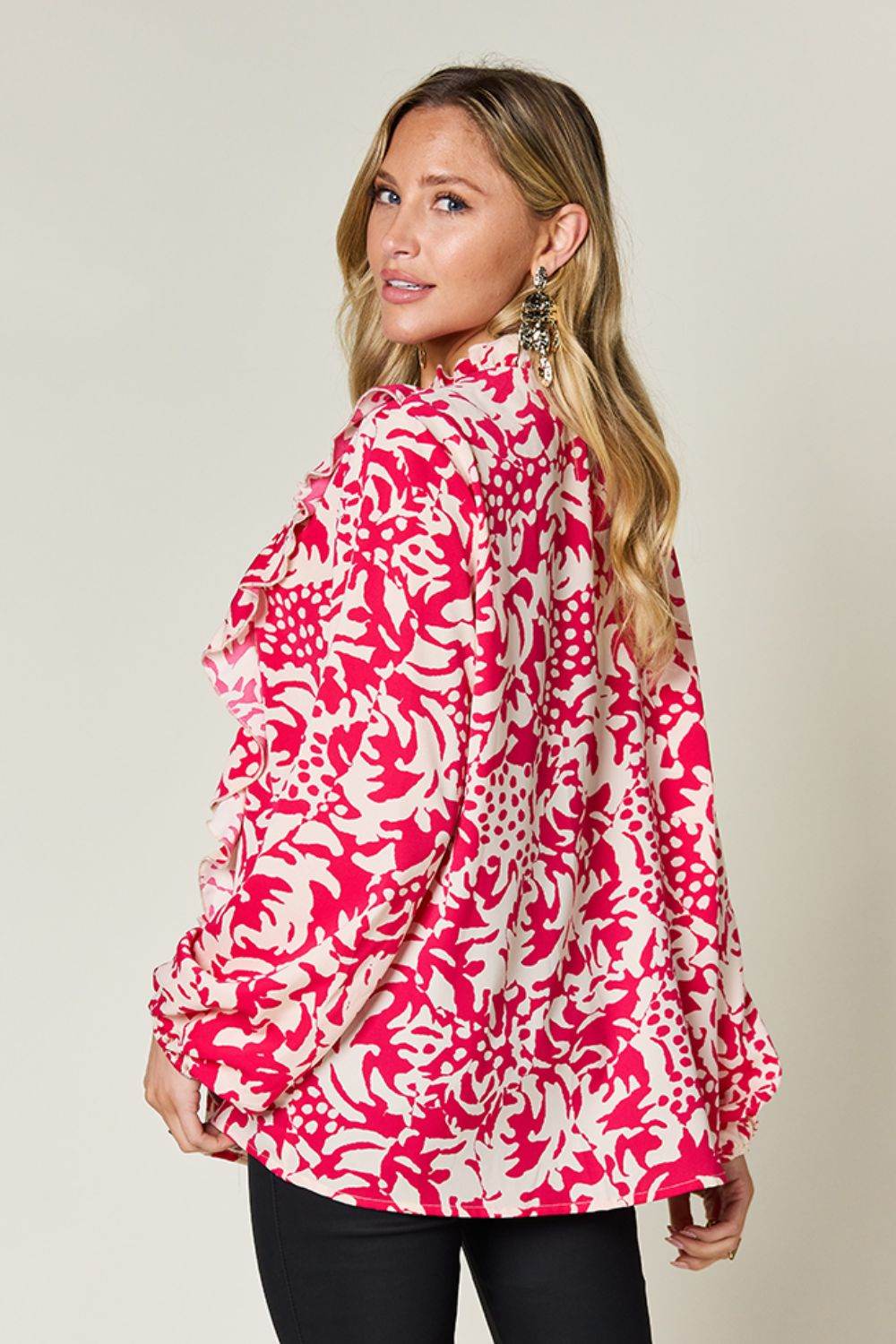 Double Take Full Size Printed Ruffle Trim Balloon Sleeve Shirt - Hovatok