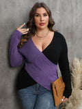 Plus Size Two-Tone Surplice Neck Sweater - Hovatok