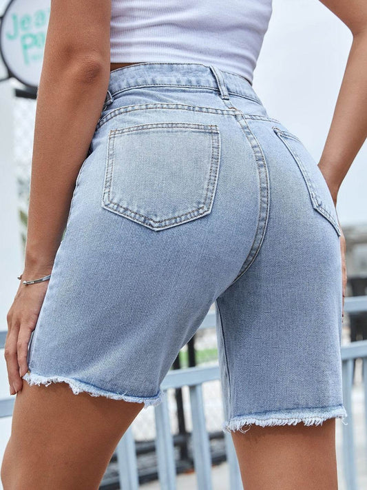 Distressed Raw Hem Denim Shorts - Hovatok