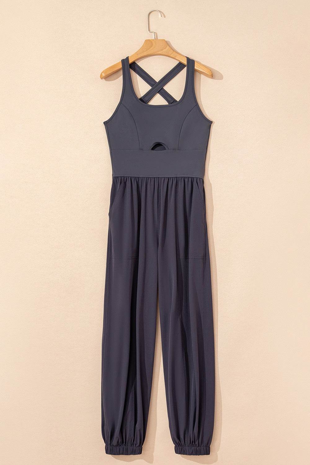 Cutout Square Neck Wide Strap Active Jumpsuit - Hovatok