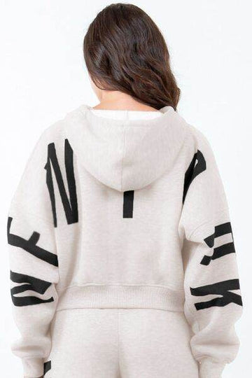 American Bazi Letter Graphic Long Sleeve Drawstring Cropped Hoodie - Hovatok