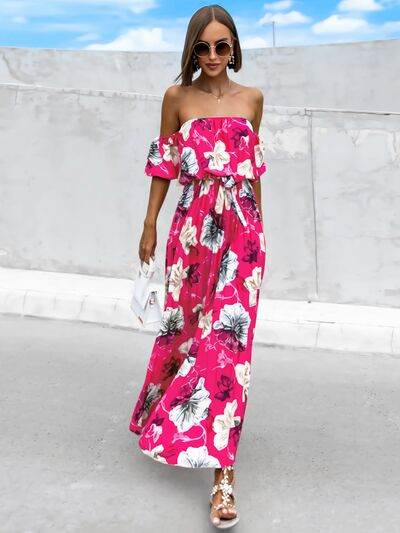 Pleated Floral Off-Shoulder Short Sleeve Midi Dress - Hovatok