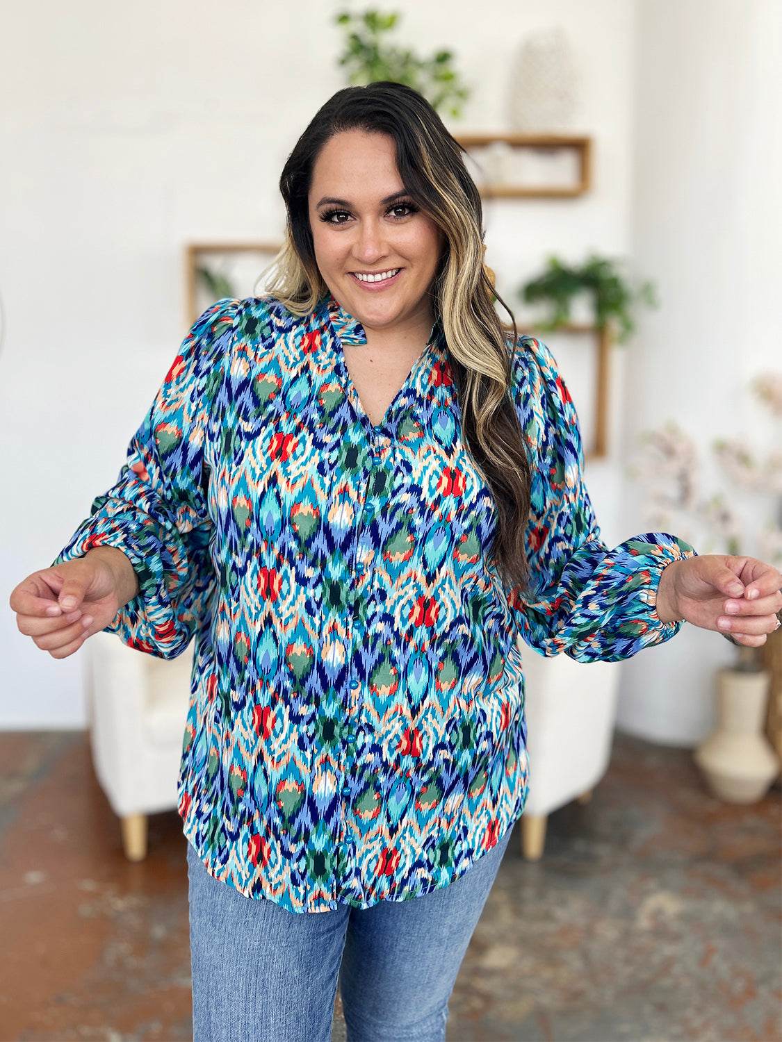 Double Take Full Size Printed Balloon Sleeve Blouse - Hovatok