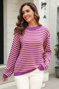 Angel Wings Striped Round Neck Dropped Shoulder Sweater - Hovatok
