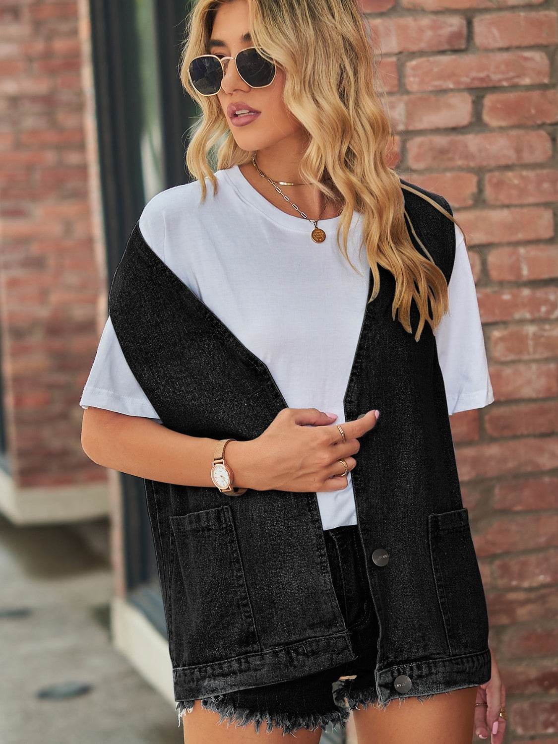 Full Size V-Neck Button Up Denim Vest - Hovatok