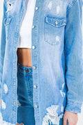 American Bazi Frayed Hem Distressed Denim Shirt Jacket - Hovatok