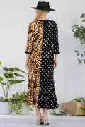 Celeste Full Size Polka Dot & Leopard Round Neck Midi Dress Plus Size - Hovatok