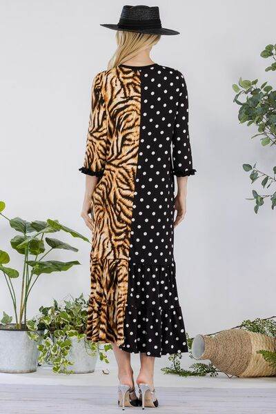 Celeste Full Size Polka Dot & Leopard Round Neck Midi Dress Plus Size - Hovatok