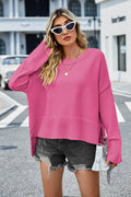 High-Low Slit Round Neck Long Sleeve Sweater - Hovatok