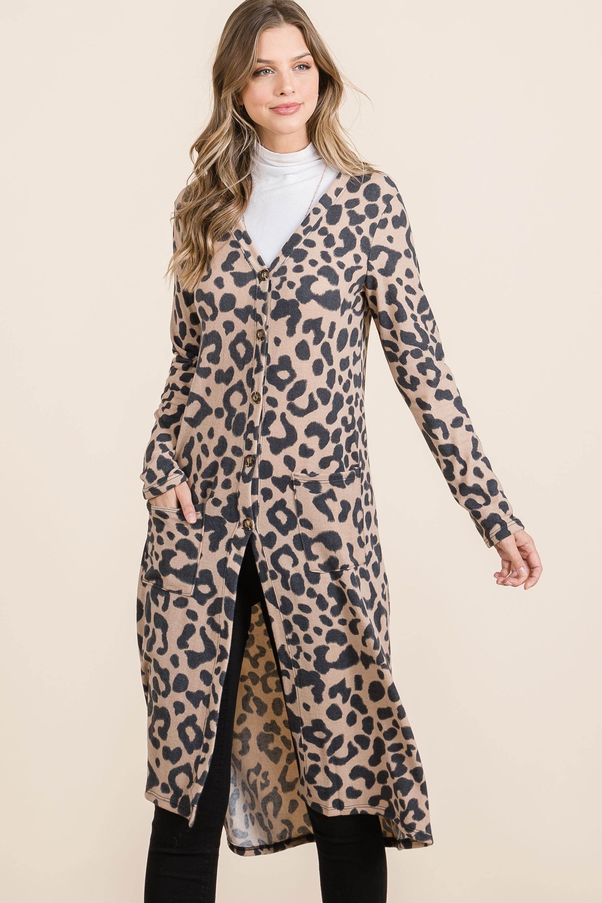Celeste Full Size Leopard V-Neck Long Sleeve Cardigan - Hovatok