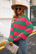 Angel Wings Striped Balloon Sleeve Knit Pullover - Hovatok