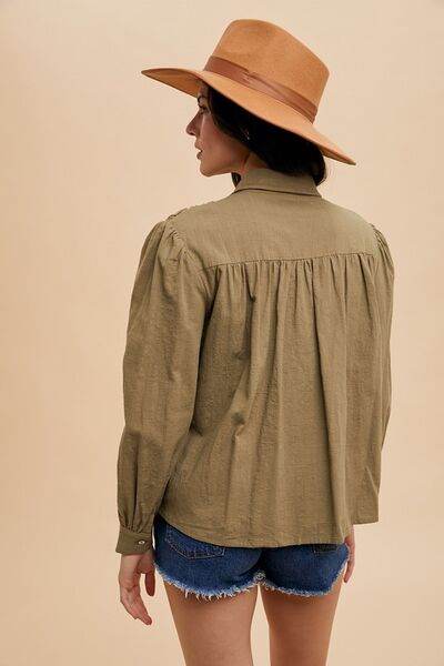 Annie Wear Smocked Front Long Sleeve Babydoll Blouse - Hovatok