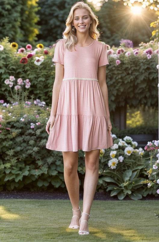 Heimish Full Size Solid Mini Tiered Dress with Pompom Lace Plus Size - Hovatok