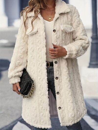 Fuzzy Button Up Long Sleeve Longline Coat - Hovatok