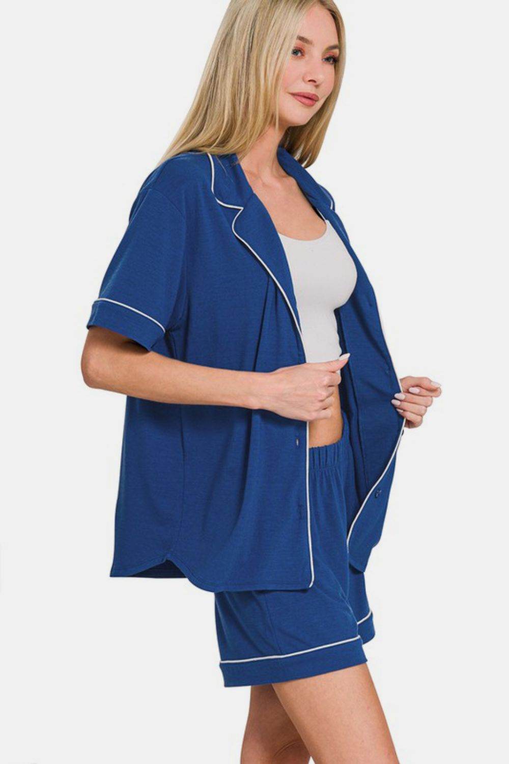 Zenana Button Down Short Sleeve Top and Shorts Lounge Set - Hovatok
