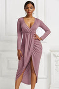 High-low Ruched Surplice Long Sleeve Dress - Hovatok