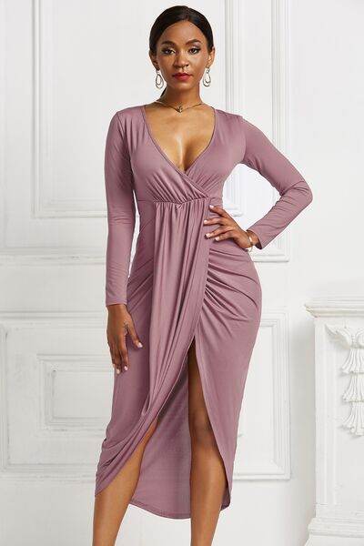 High-low Ruched Surplice Long Sleeve Dress - Hovatok