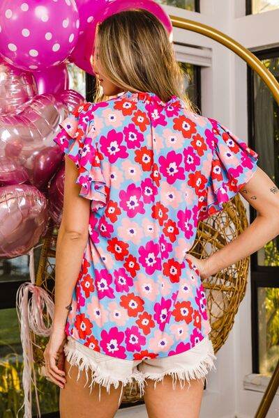 BiBi Floral Notched Ruffled Short Sleeve Blouse - Hovatok