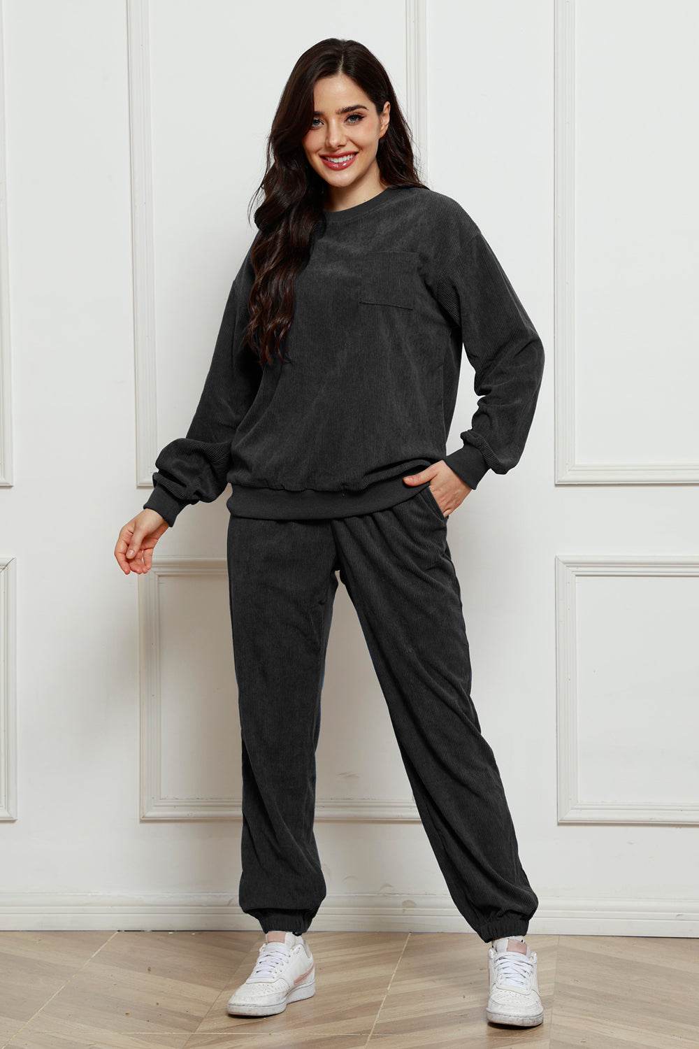 Corduroy Round Neck Sweatshirt and Sweatpants Set - Hovatok