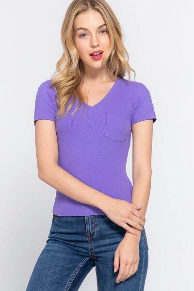 ACTIVE BASIC V-Neck Ribbed Short Sleeve Knit T-Shirt - Hovatok