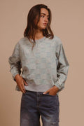 BiBi Mineral Washed Checkered Round Neck Denim Top - Hovatok