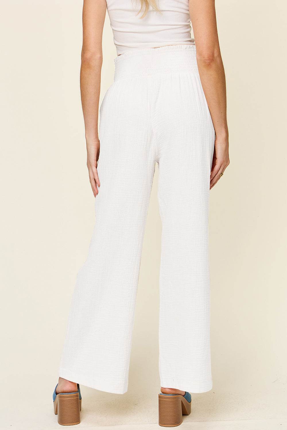 Double Take Full Size Texture Smocked Waist Wide Leg Pants - Hovatok