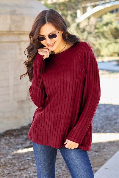 Basic Bae Full Size Ribbed Round Neck Long Sleeve Knit Top - Hovatok