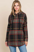 BOMBOM Drawstring Plaid Long Sleeve Hoodie - Hovatok