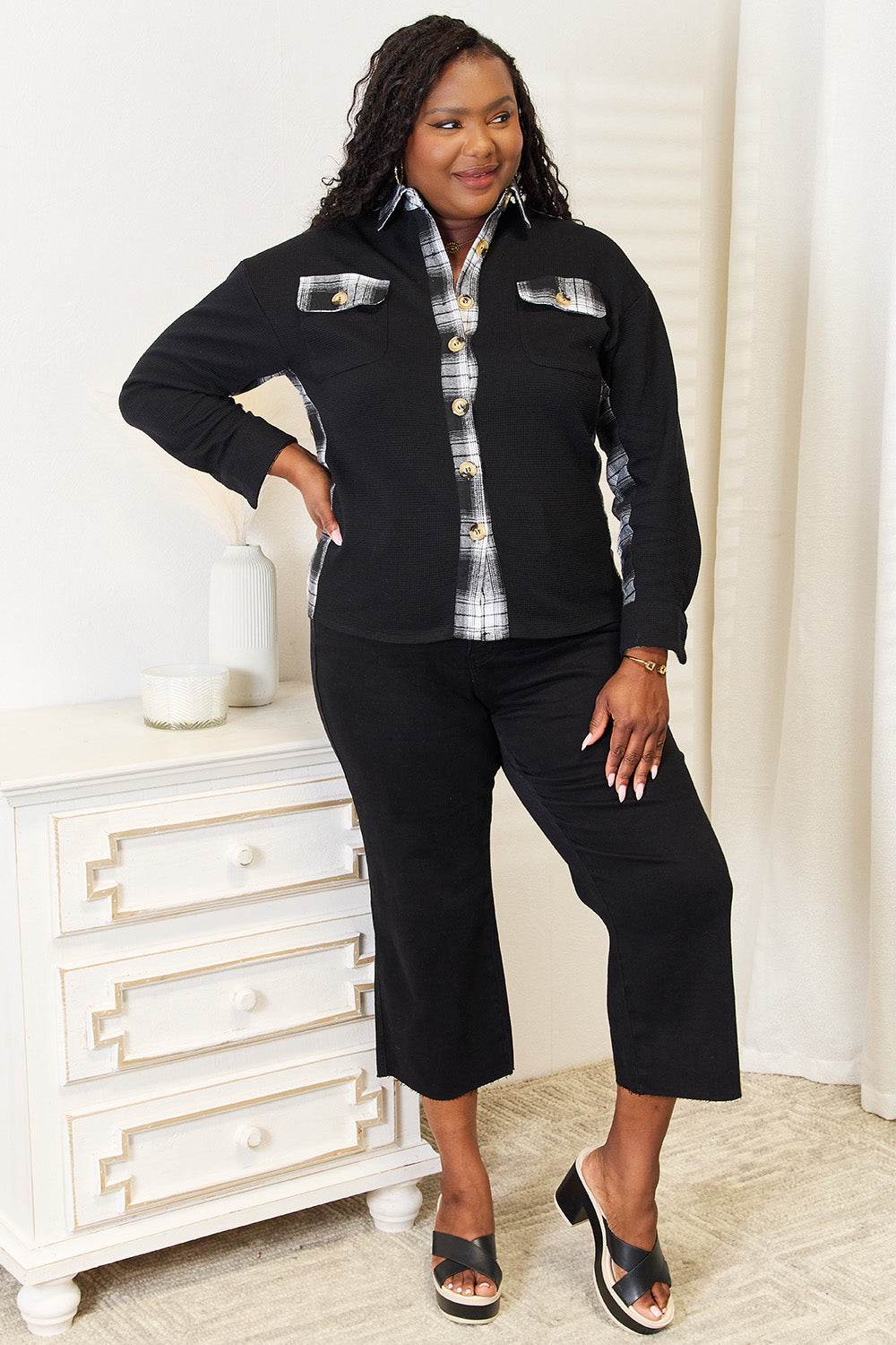 Mandy Plaid Collared Dropped Shoulder Jacket - Hovatok