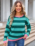 Angel Wings Striped Round Neck Dropped Shoulder Sweater - Hovatok