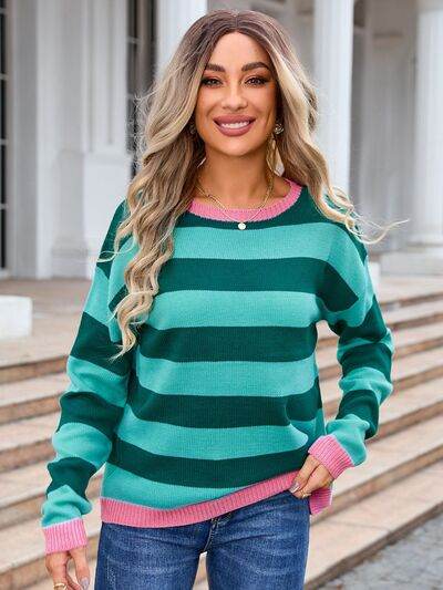 Angel Wings Striped Round Neck Dropped Shoulder Sweater - Hovatok