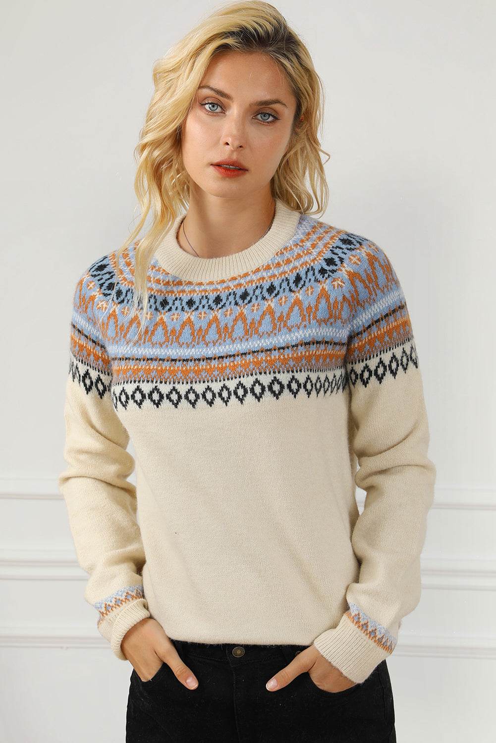 Geometric Round Neck Long Sleeve Sweater - Hovatok
