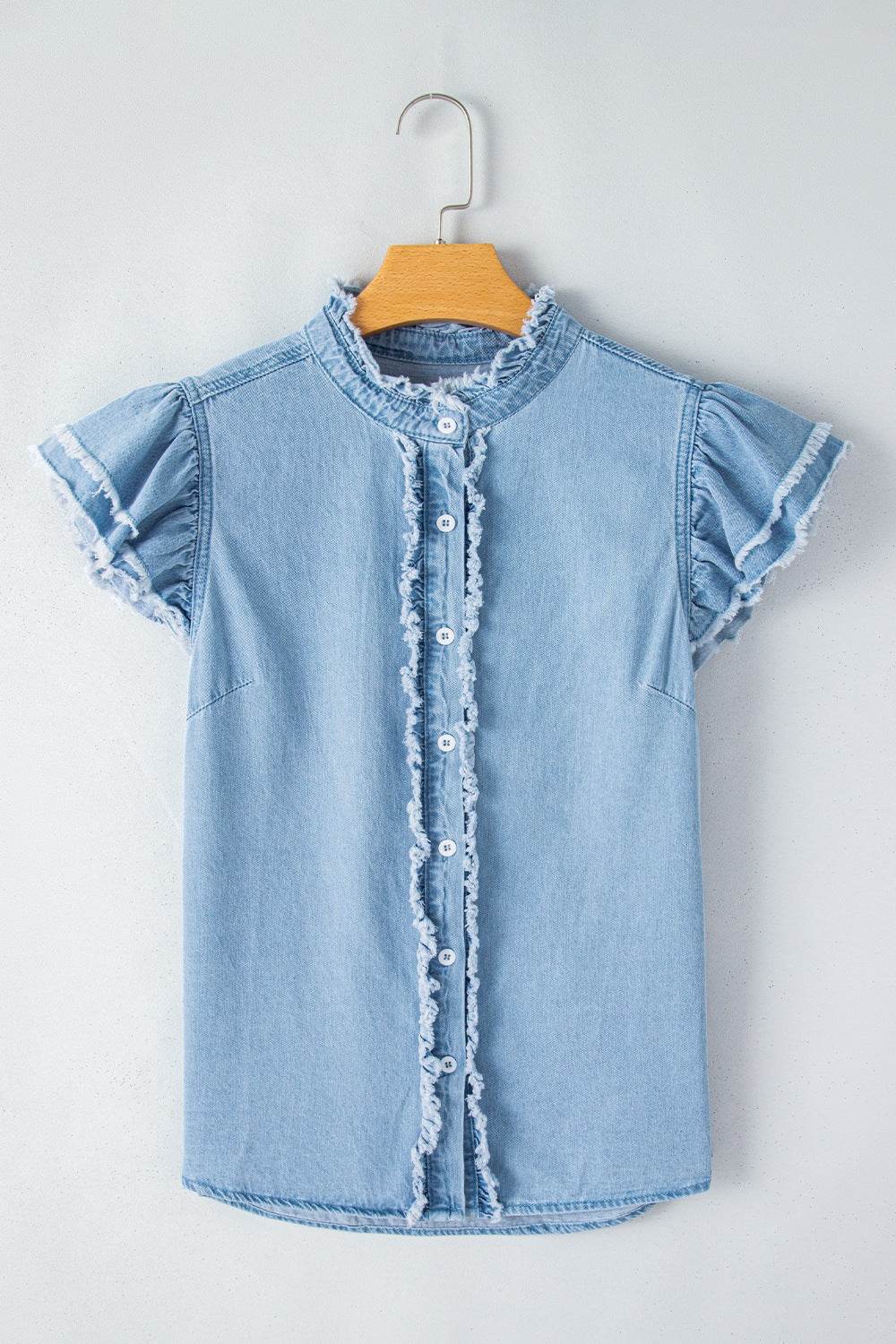 Button Down Raw Hem Ruffled Denim Shirt - Hovatok