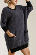 Umgee Full Size Ribbed Hem Round Neck 3/4 Sleeve Sweater Dress with Pockets Plus Size - Hovatok