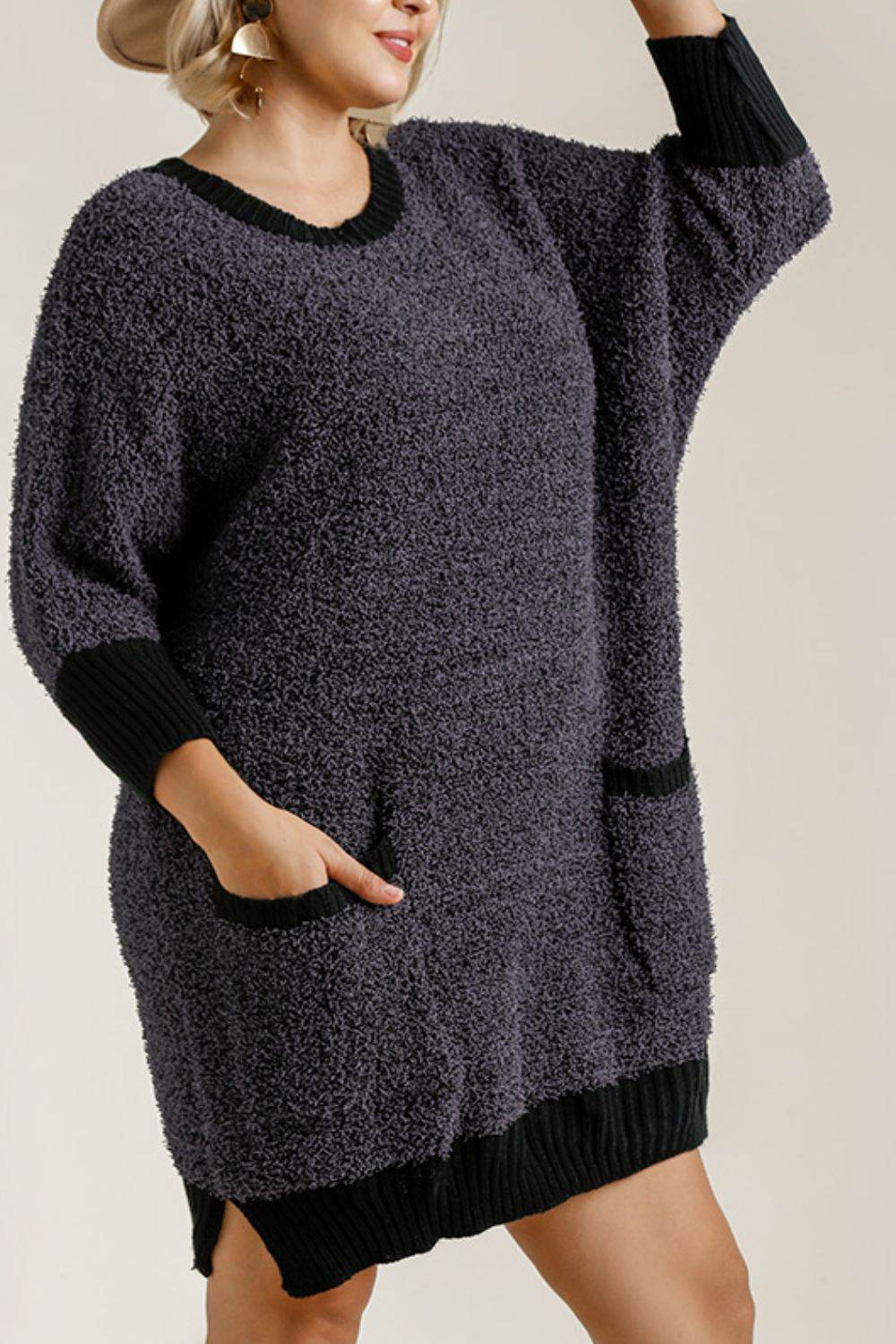 Umgee Full Size Ribbed Hem Round Neck 3/4 Sleeve Sweater Dress with Pockets Plus Size - Hovatok