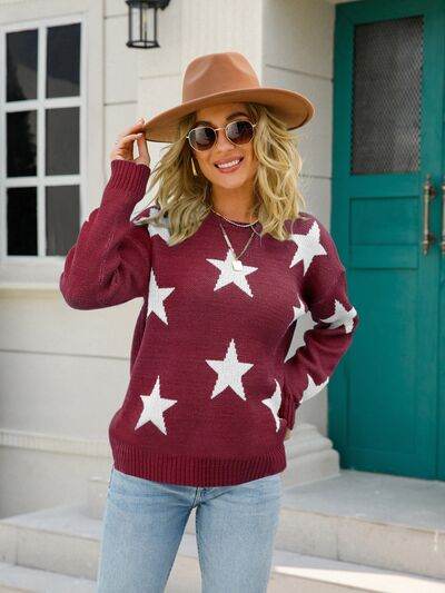 Angel Wings Star Round Neck Dropped Shoulder Sweater - Hovatok