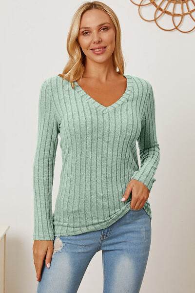 Basic Bae Full Size Ribbed V-Neck Long Sleeve T-Shirt - Hovatok