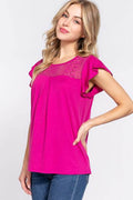 ACTIVE BASIC Ruffle Short Sleeve Lace Detail Knit Top - Hovatok