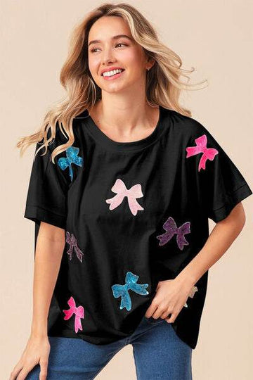 BiBi Sequin Bow Patch Short Sleeve T-Shirt - Hovatok