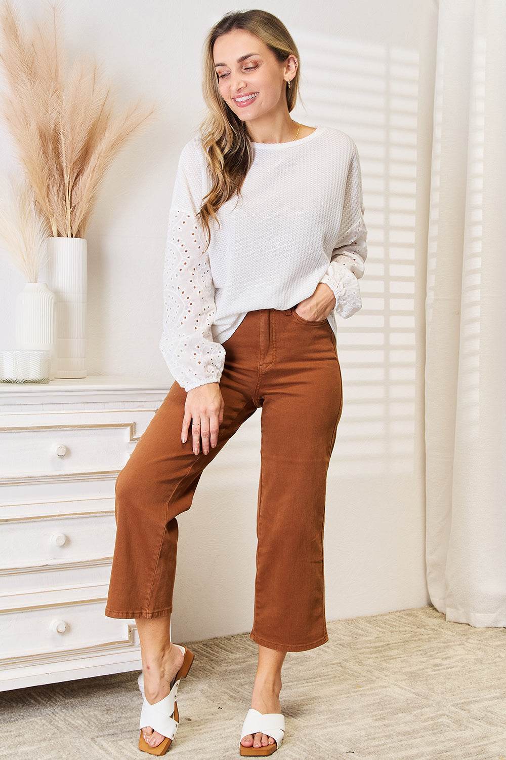 Shiny Eyelet Dropped Shoulder Round Neck Blouse - Hovatok